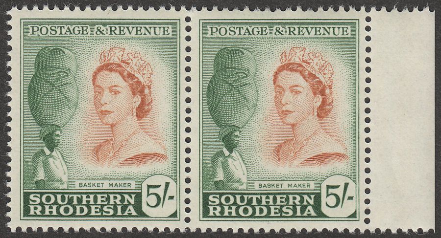 Southern Rhodesia 1953 QEII 5sh Yellow-Brown and Deep Green Pair Mint SG89