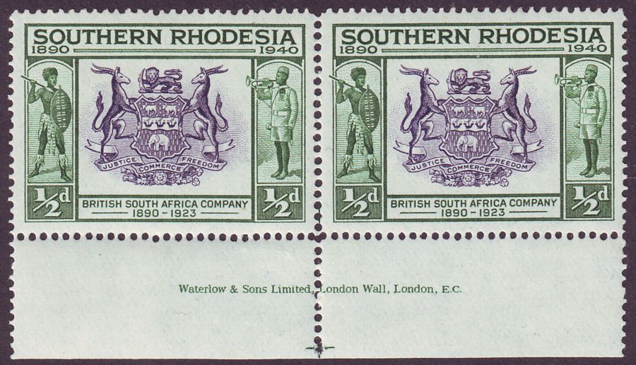 Southern Rhodesia 1940 BSAC Jubilee ½d Waterlow Imprint Pair Mint SG53
