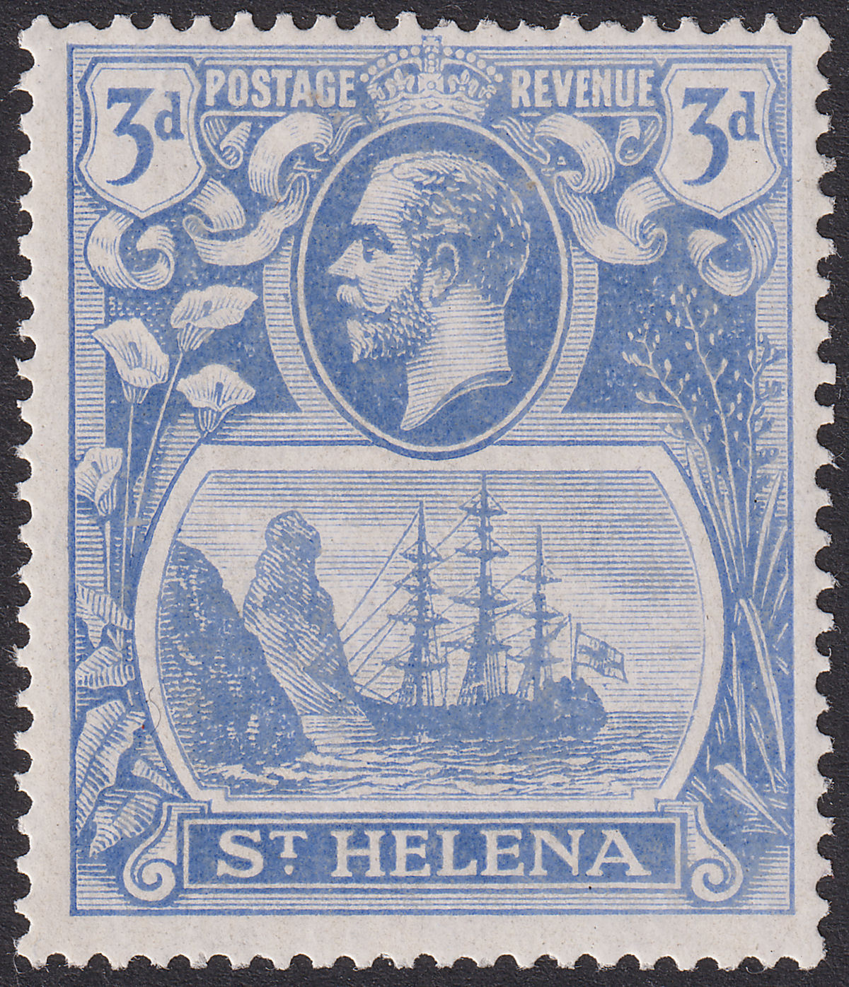 St Helena 1923 KGV 3d Blue with variety Broken Mainmast Mint SG101a cat £140
