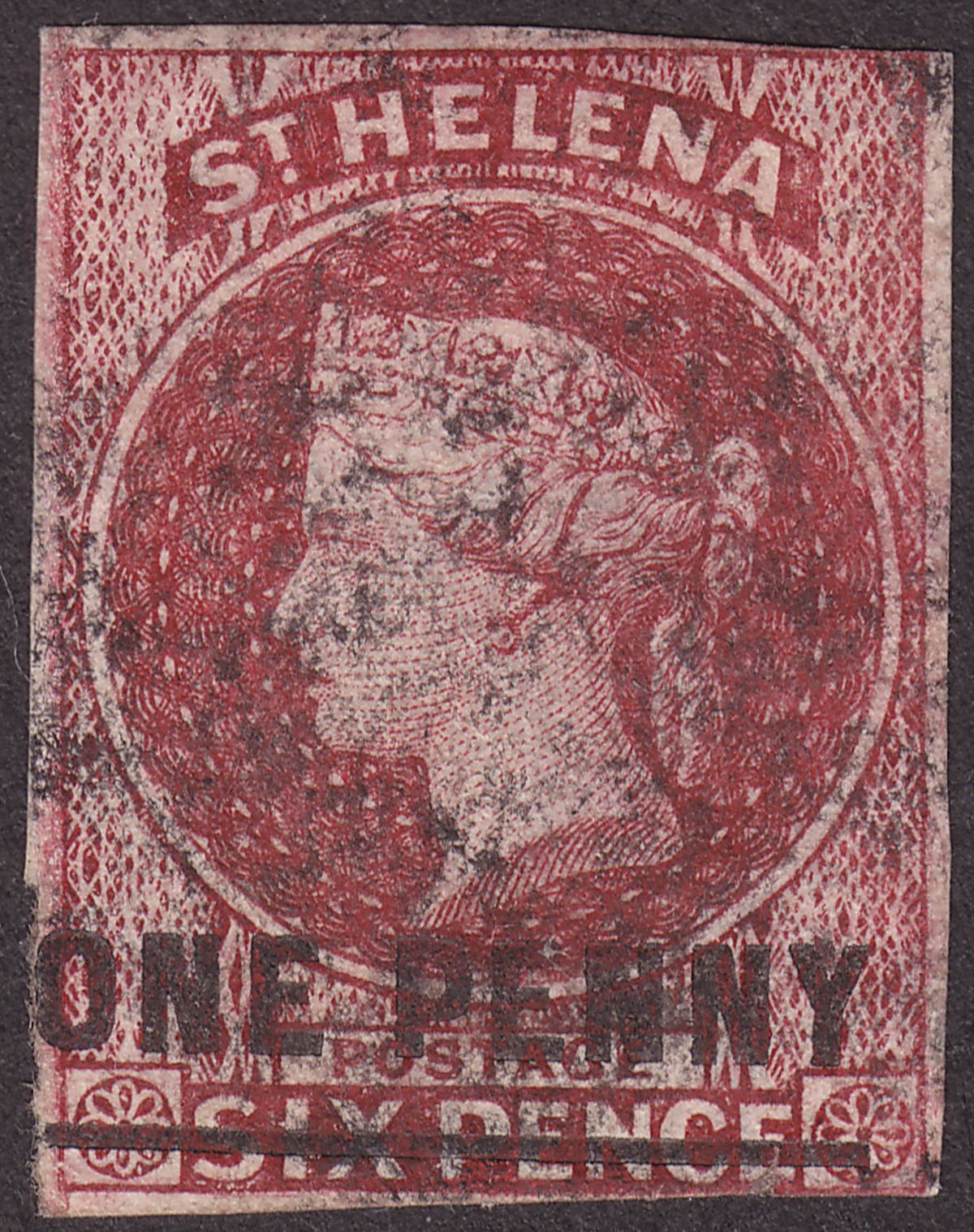 St Helena 1863 QV 1d Lake type B Imperf Used SG4 cat £275 with two margins