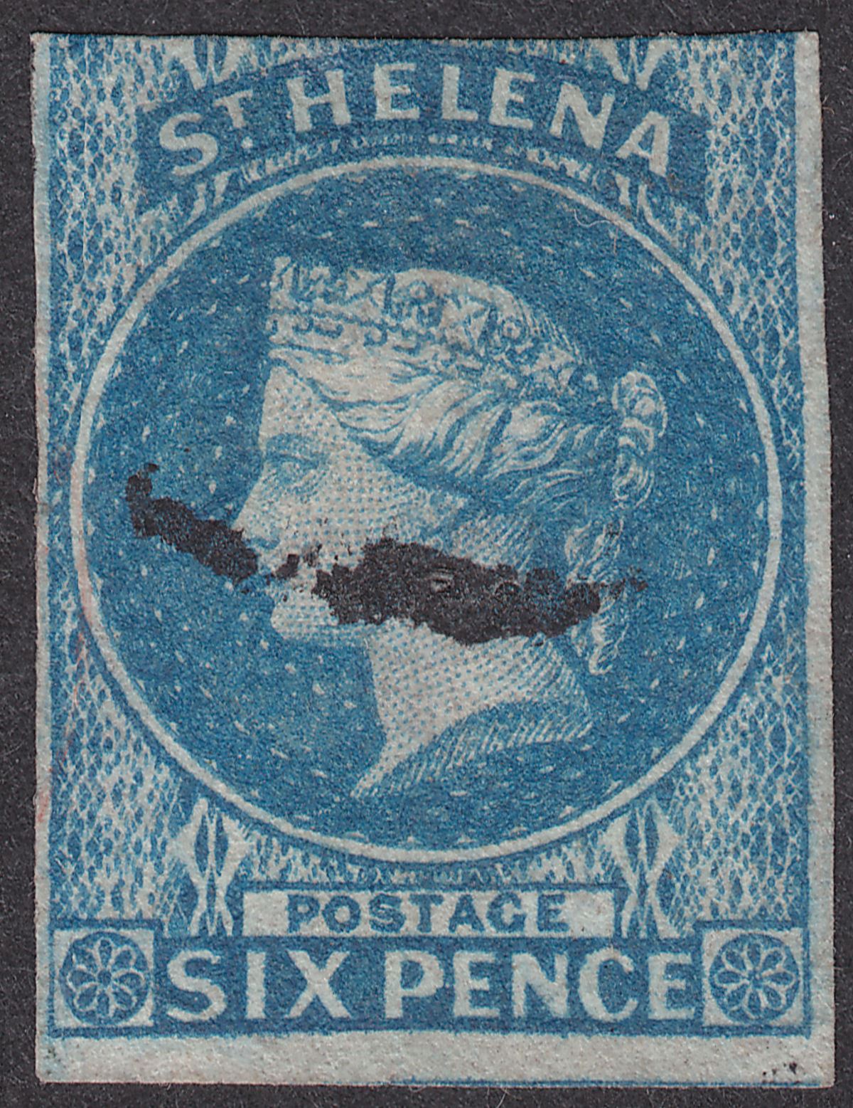 St Helena 1856 QV 6d Blue Imperforate Used SG1 cat £200 with three margins