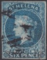 Click for more photos and details St Helena 1856 QV 6d Blue Imperforate Used SG1 cat £200 four margins, base tear