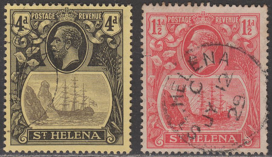 St Helena 1923 KGV Badge 4d Grey + Black on Yellow, 1½d Rose-Red Used SG92 SG99