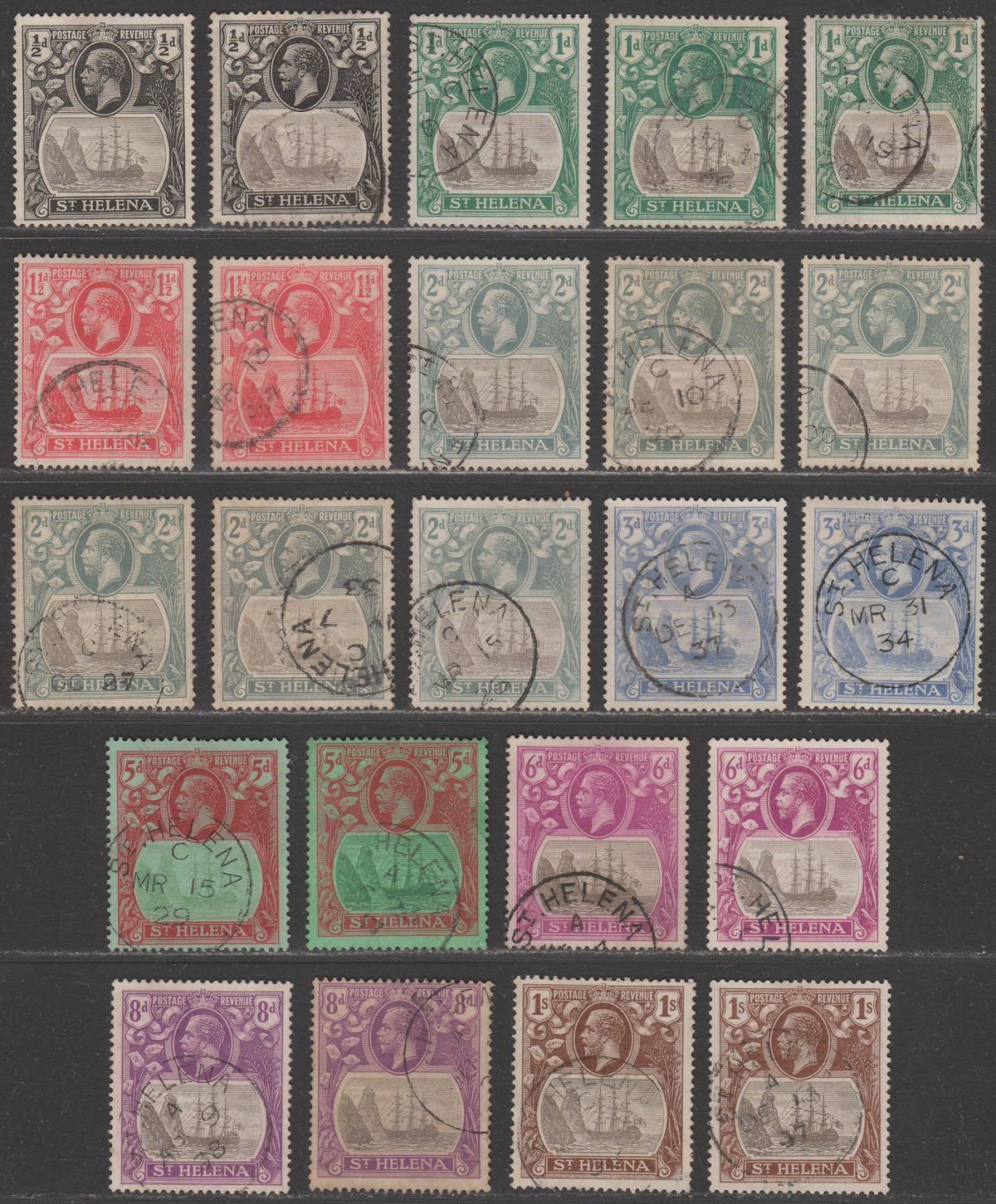 St Helena 1922-37 KGV Badge Set to 1sh with Shades Used SG97-106