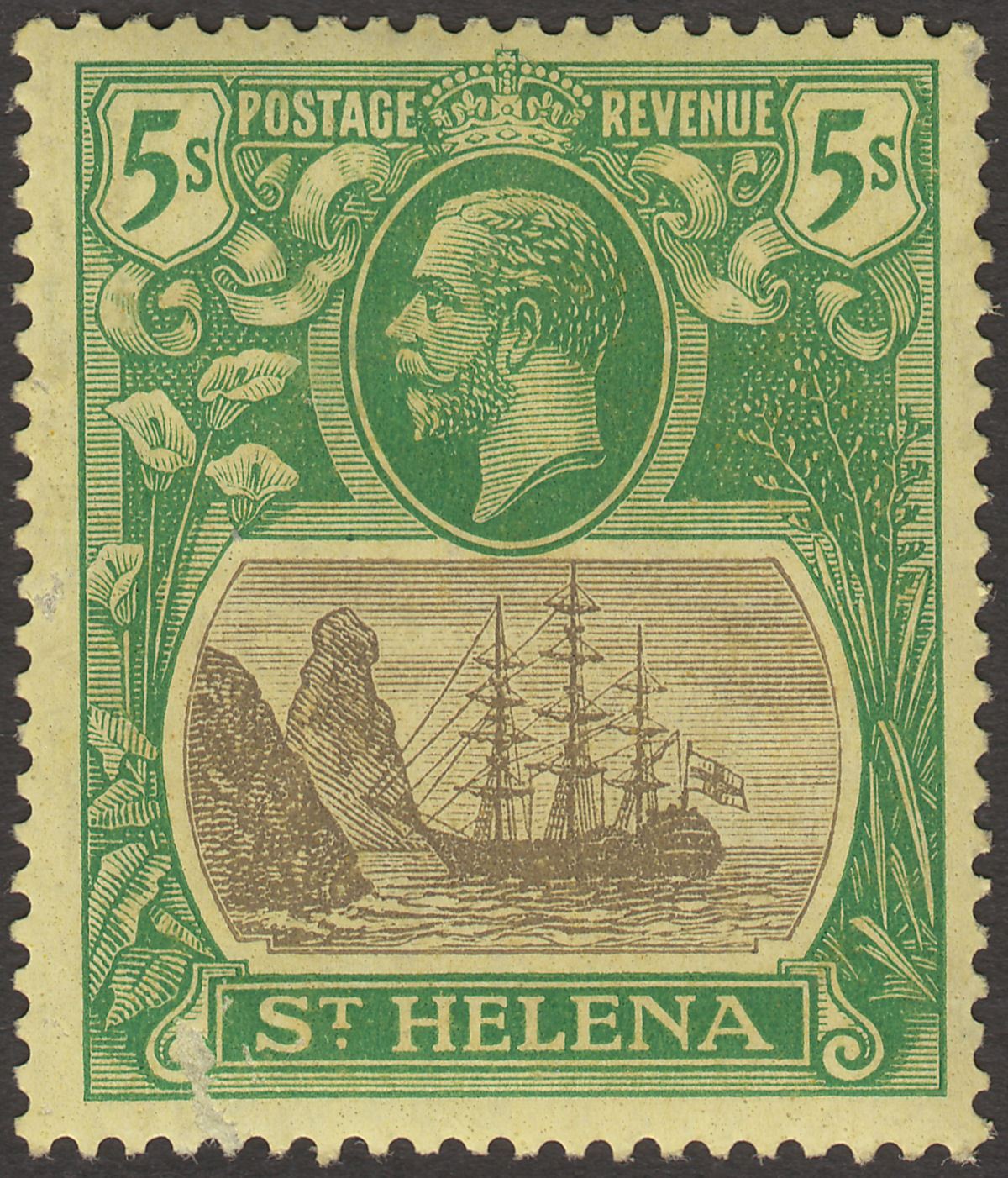St Helena 1927 KGV 5sh Grey and Green on Yellow Mint SG110 cat £45 with fault