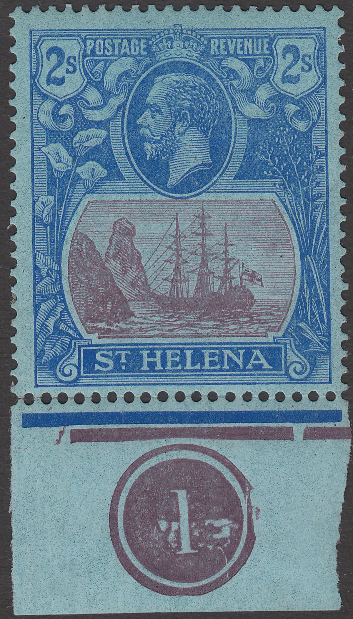 St Helena 1927 KGV 2sh Purple and Blue on Blue Plate 1 Mint SG108 cat £25