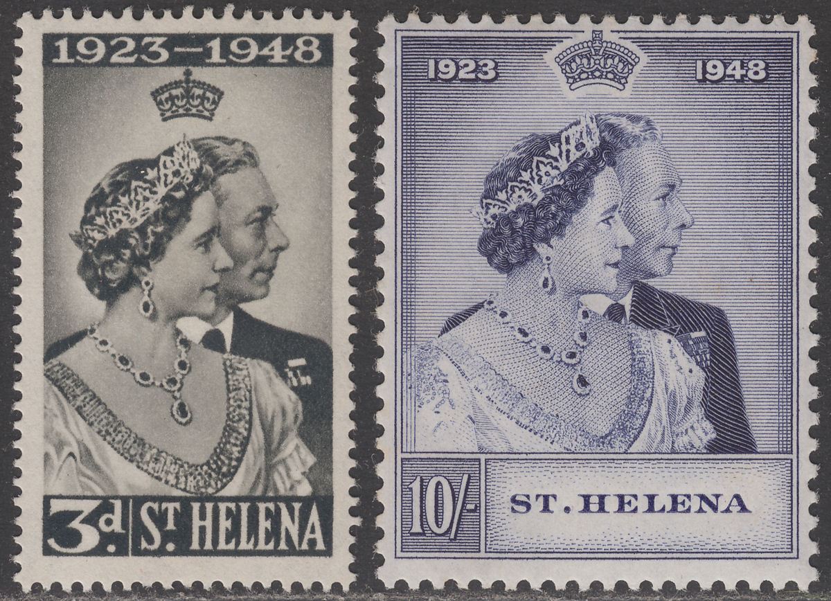 St Helena 1948 KGVI Royal Silver Wedding 3d, 10sh Mint SG143-144 cat £28