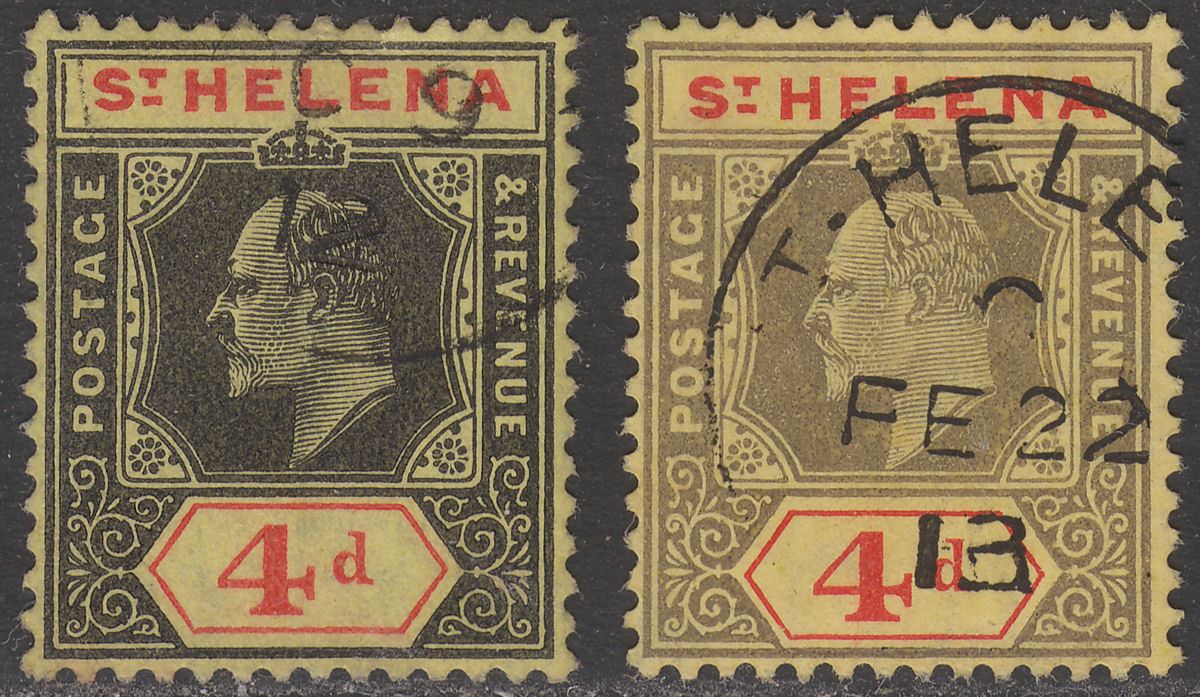 St Helena 1908 KEVII 4d Black + Red on Yellow both papers Used SG66 66a cat £57