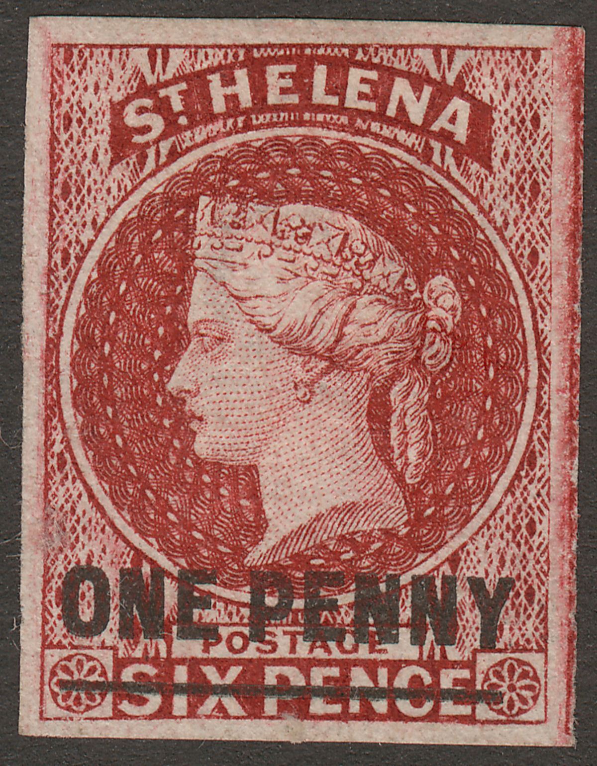 St Helena 1863 QV 1d Lake type A Imperf Unused SG3 four margins cat £150 as mint
