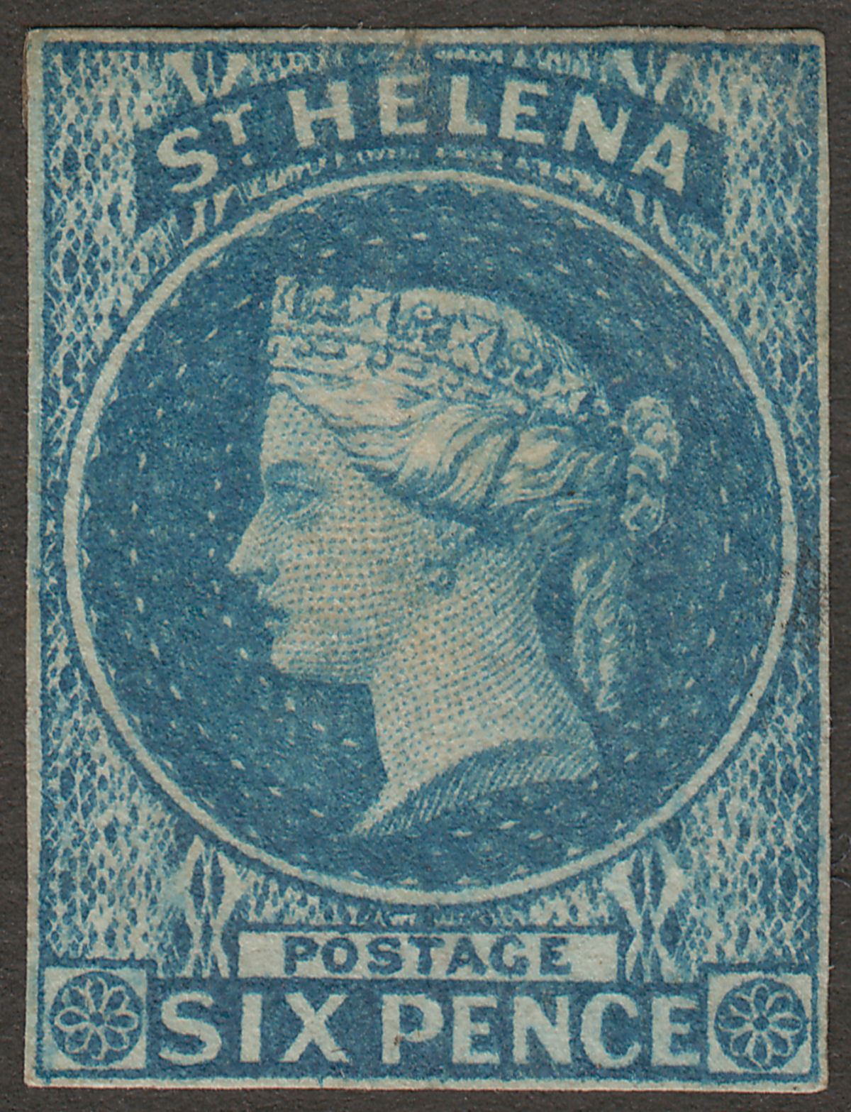 St Helena 1856 QV 6d Blue Imperforate Mint SG1 cat £500 with four margins