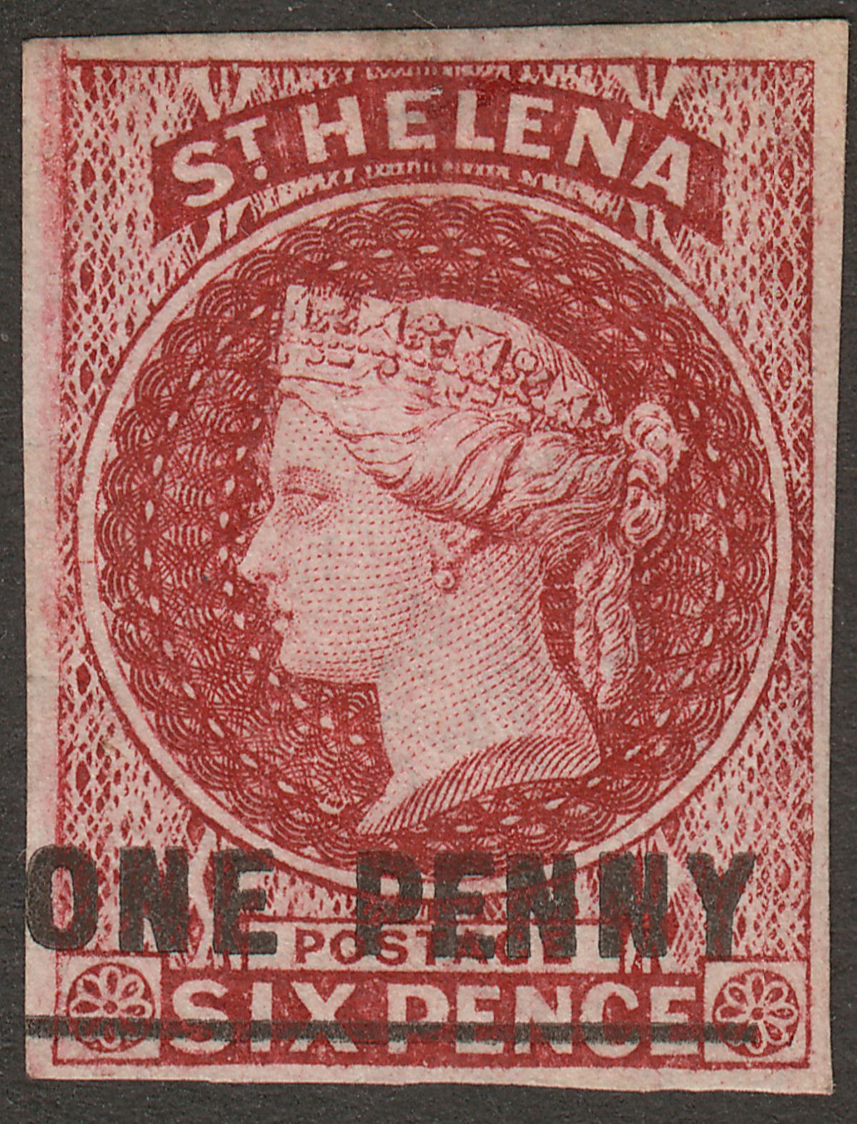 St Helena 1863 QV 1d Lake type B Imperf Mint SG4 cat £160 with four margins
