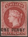 Click for more photos and details St Helena 1863 QV 1d Lake type B Imperf Mint SG4 cat £160 with four margins