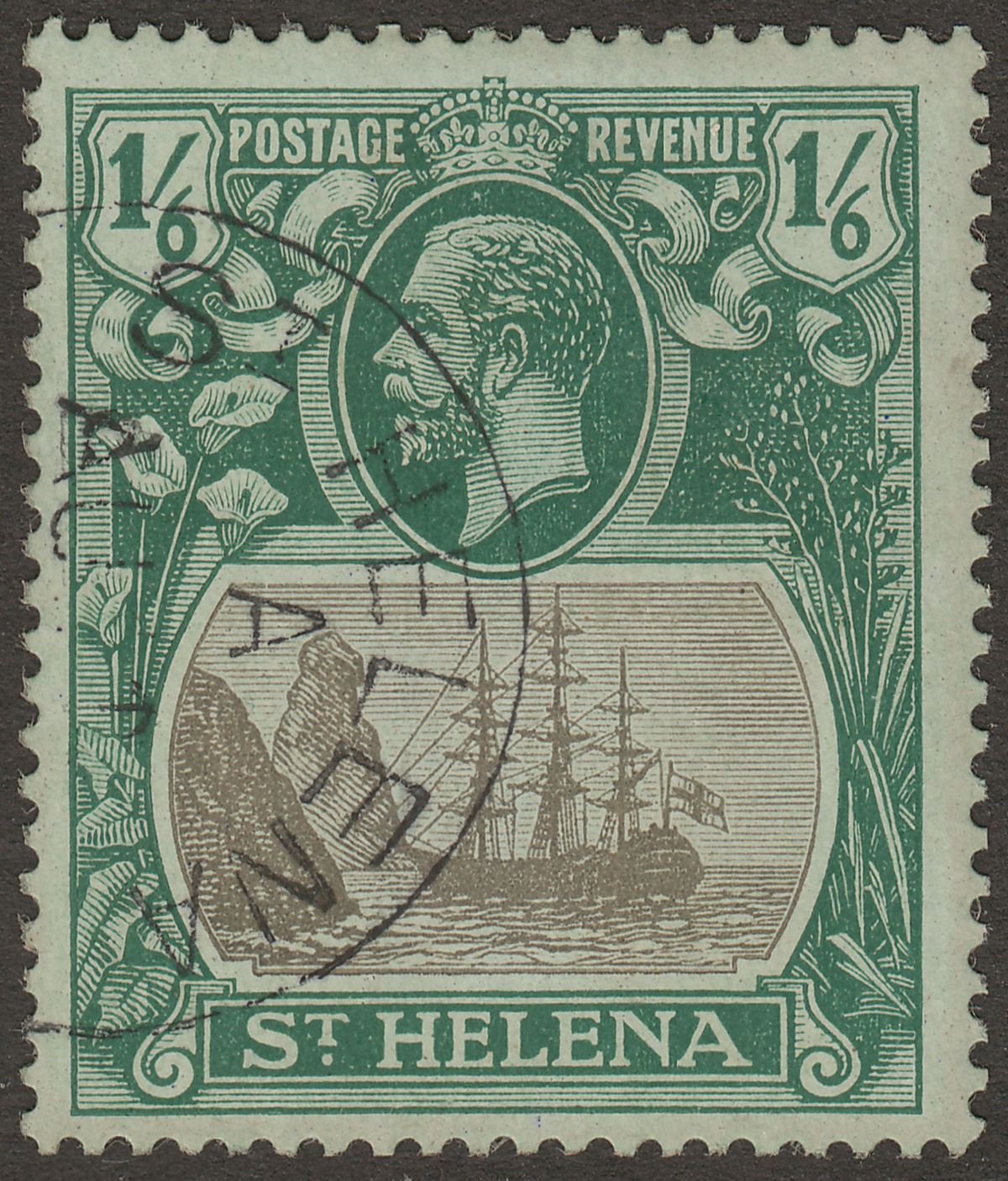 St Helena 1922 KGV 1sh6d Grey and Green on Blue-Green Used SG93 cat £70