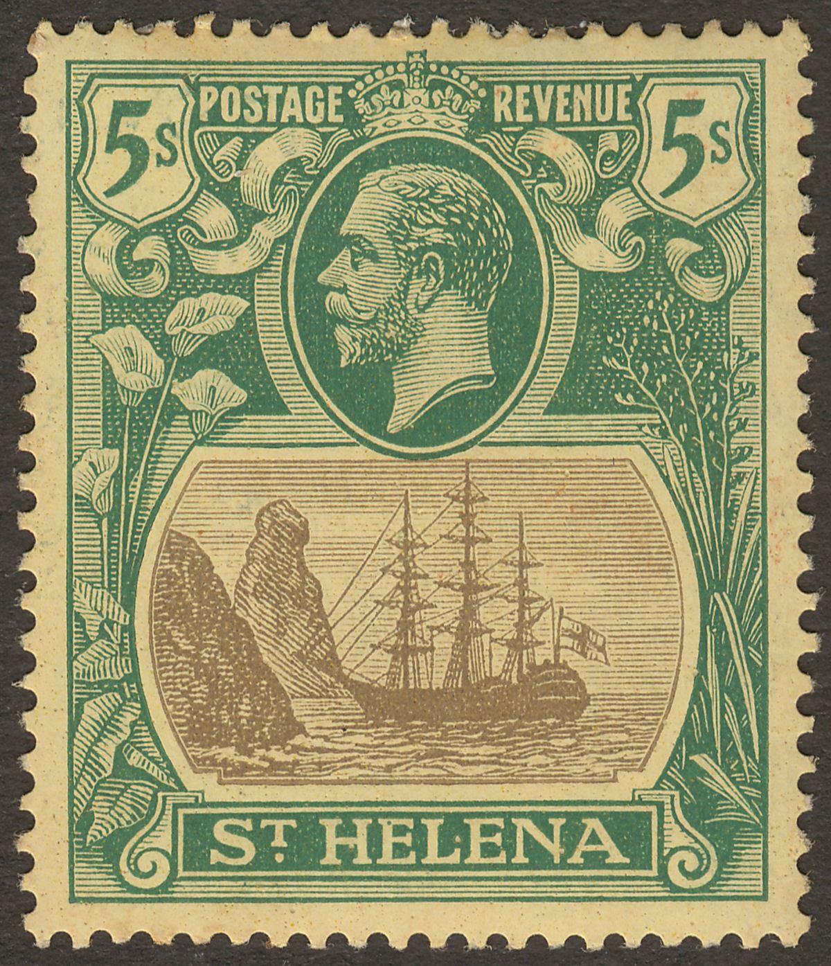 St Helena 1922 KGV 5sh Grey and Green on Yellow Mint SG95 cat £50