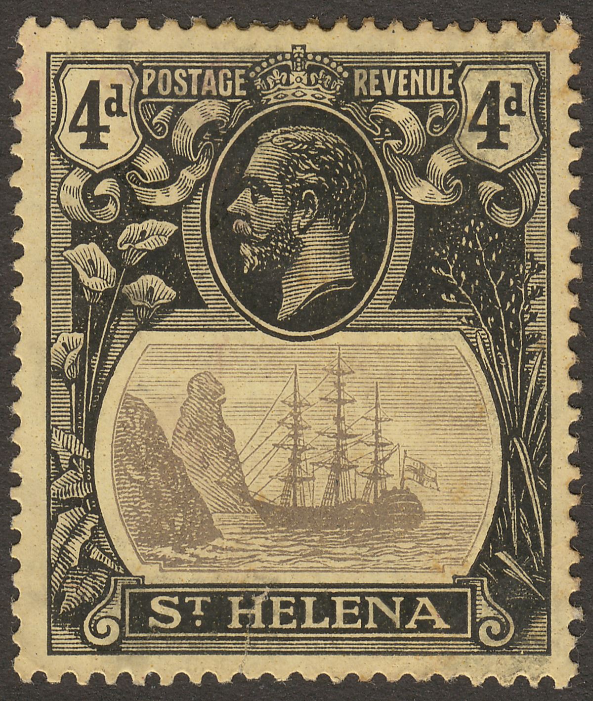 St Helena 1923 KGV 4d Grey + Blk on Yellow w Cleft Rock Mint SG92c c£250 Faults