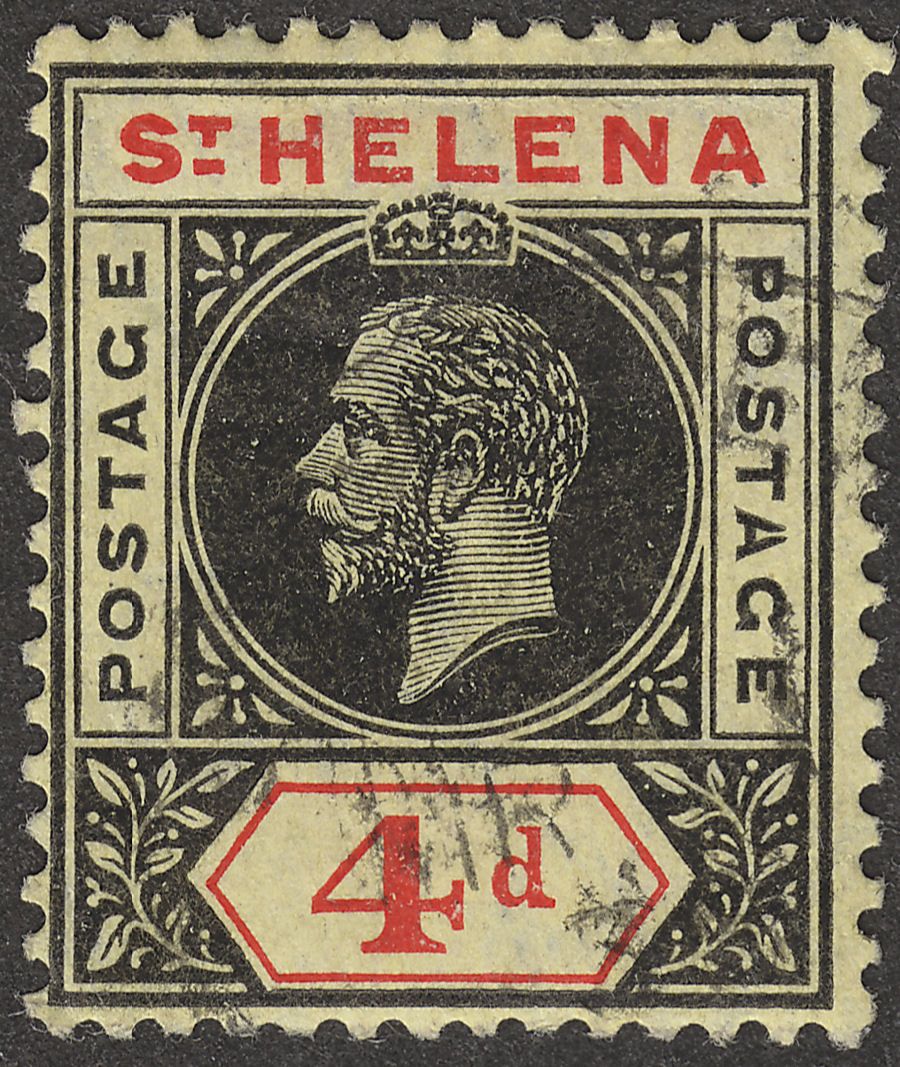 St Helena 1913 KGV 4d Black + Red on Yellow Variety Split A Used SG85a cat £300