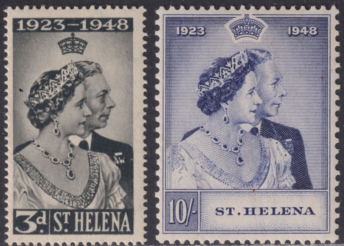 St Helena 1948 KGVI Royal Silver Wedding 3d, 10sh Mint SG143-144 cat £30 RSW