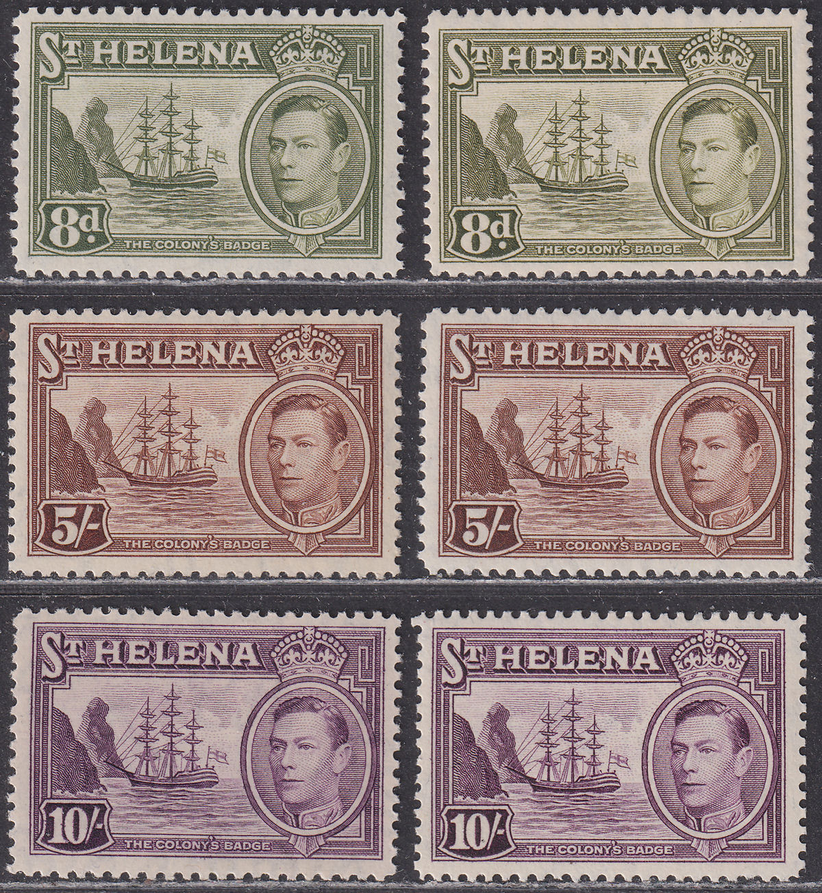 St Helena 1938-44 KGVI Badge 8d, 5sh, 10sh Shades Mint SG 136a SG139-140