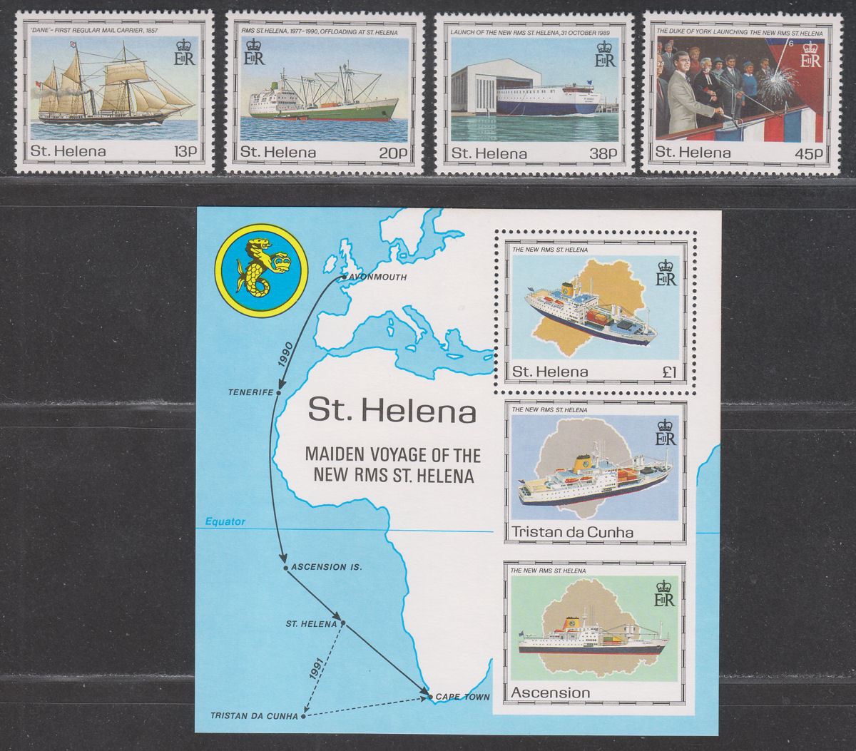 St Helena 1990 QEII Maiden Voyage of St. Helena Set + MS Mint SG572-MS576