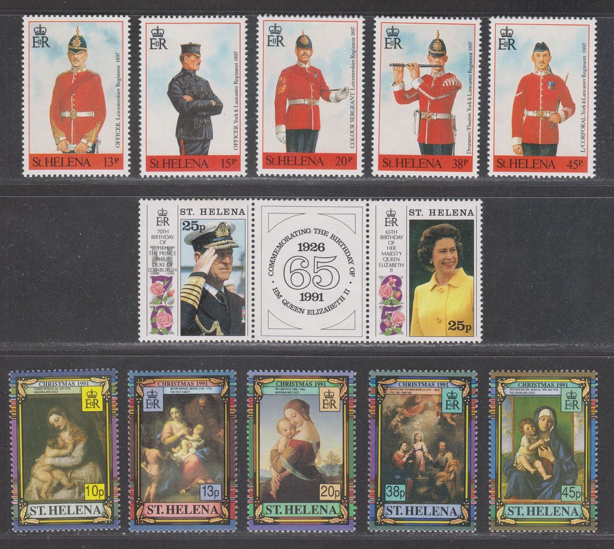 St Helena 1991 QEII Military Uniforms, 65th Birthday QEII, Christmas UM Mint