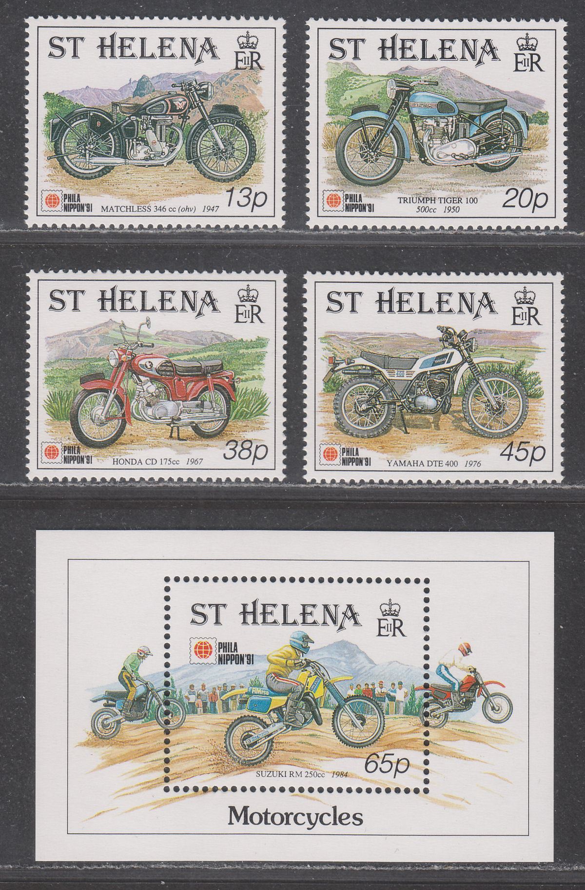 St Helena 1991 QEII "Philanippon '91" Stamp Exhibition Motorcycles Set + MS Mint