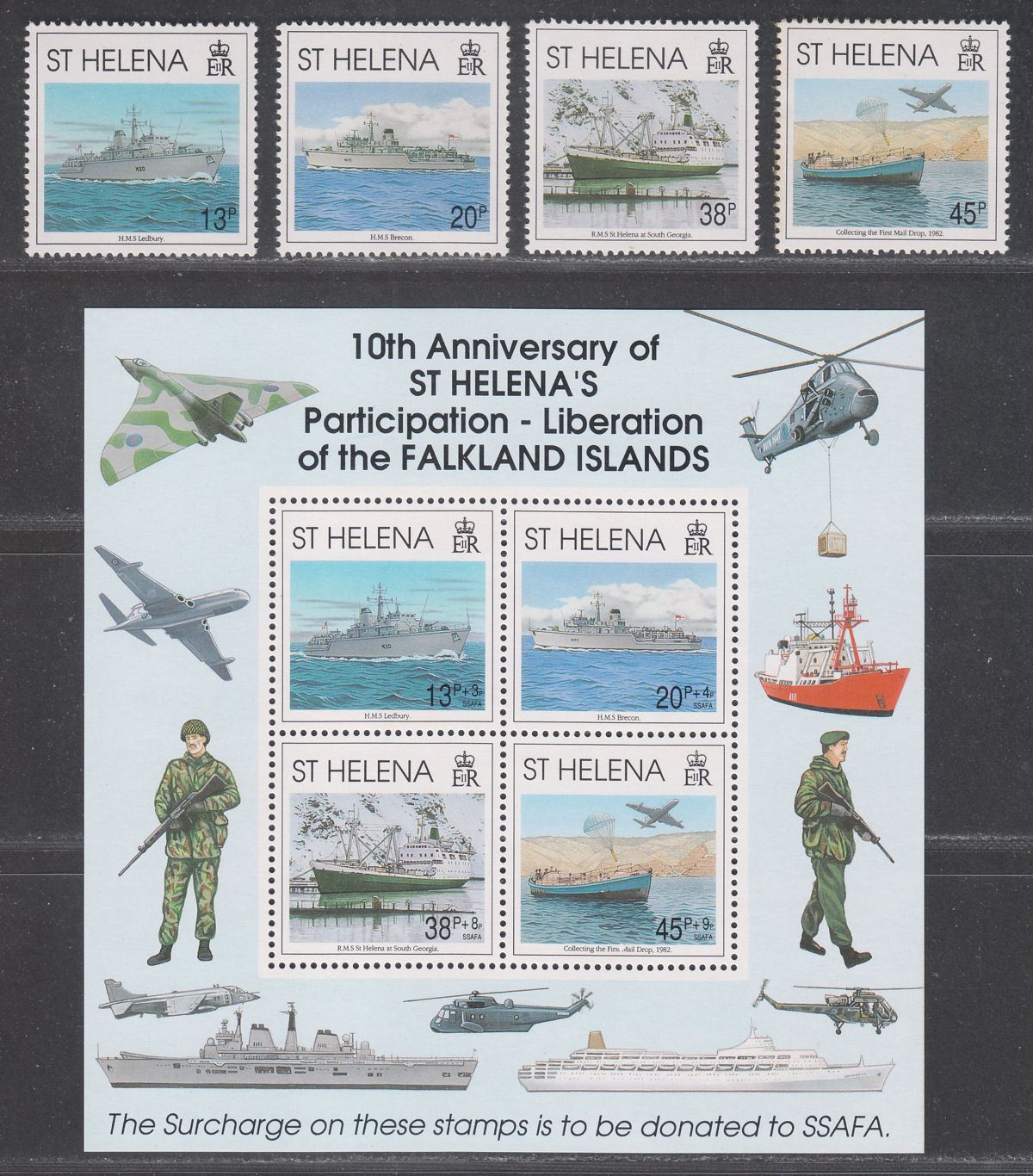 St Helena 1992 QEII 10th Anniv Liberation of Falklands - Ships Set + MS Mint