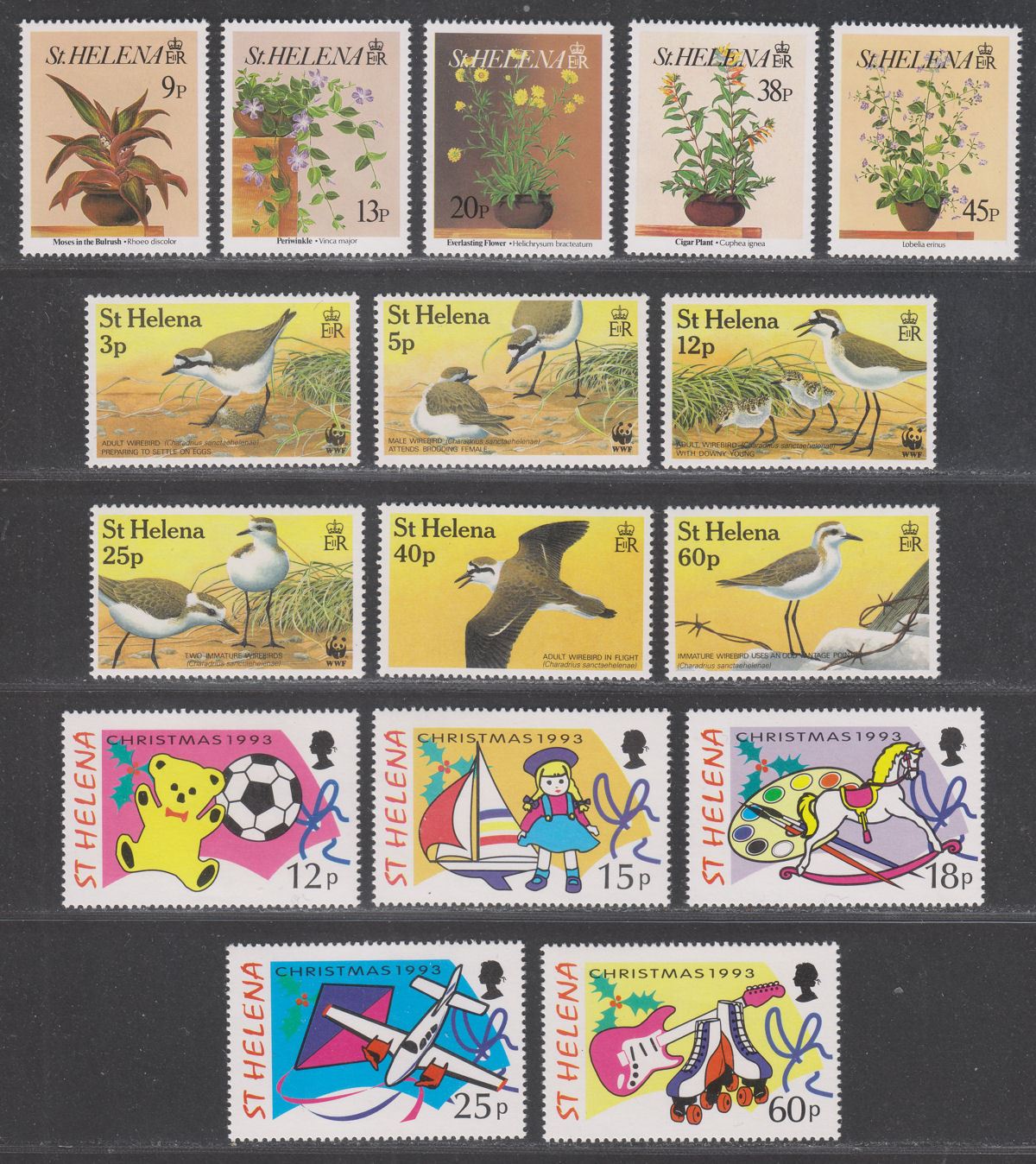 St Helena 1993 QEII Flowers, Sand Plover 'Wirebird', Christmas Toys Sets UM Mint