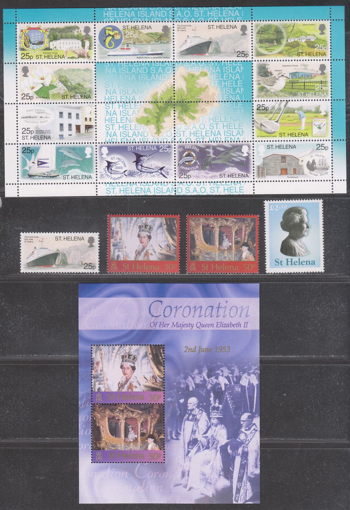 St Helena 2003 QEII Tourism / 50th Anniv Coronation Sets + MS UM Mint