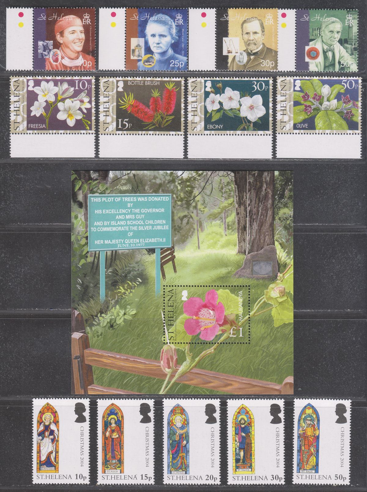 St Helena 2004 QEII Medical Pioneers / Royal Horticultural Society Sets UM Mint