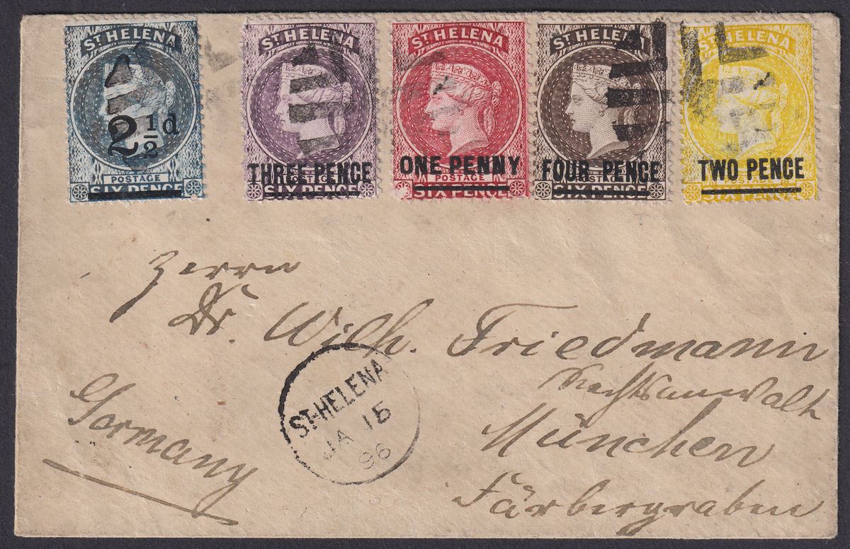 St Helena 1896 QV Surcharge Set to 4d Used on Cover to Munich, Germany