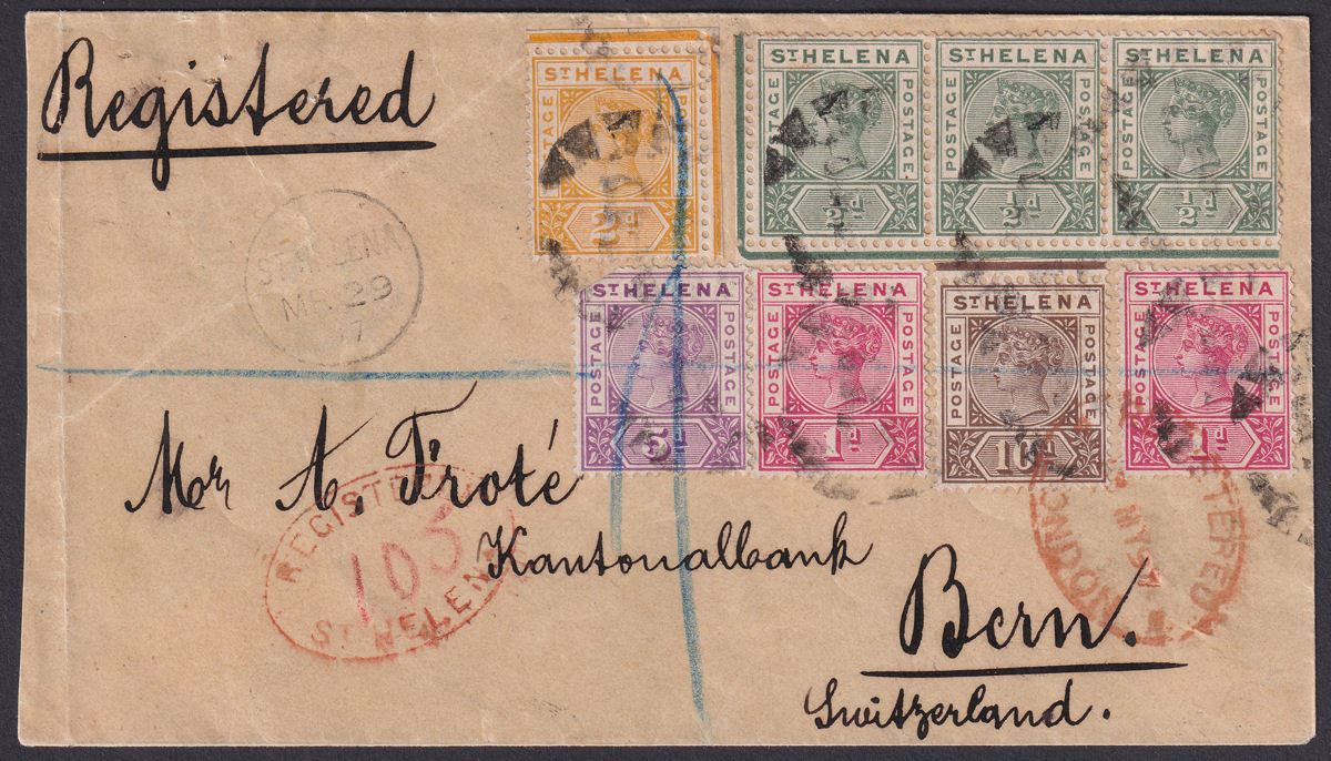 St Helena 1897 QV Part Set to 10d Used on Registered Cover to Switzerland