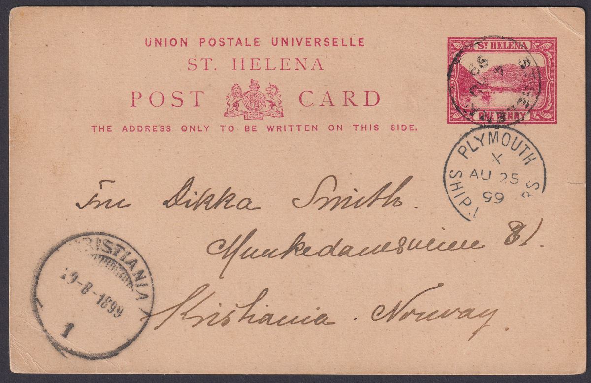 St Helena 1899 1d Postal Stationery Postcard Used to Kristiania, Norway