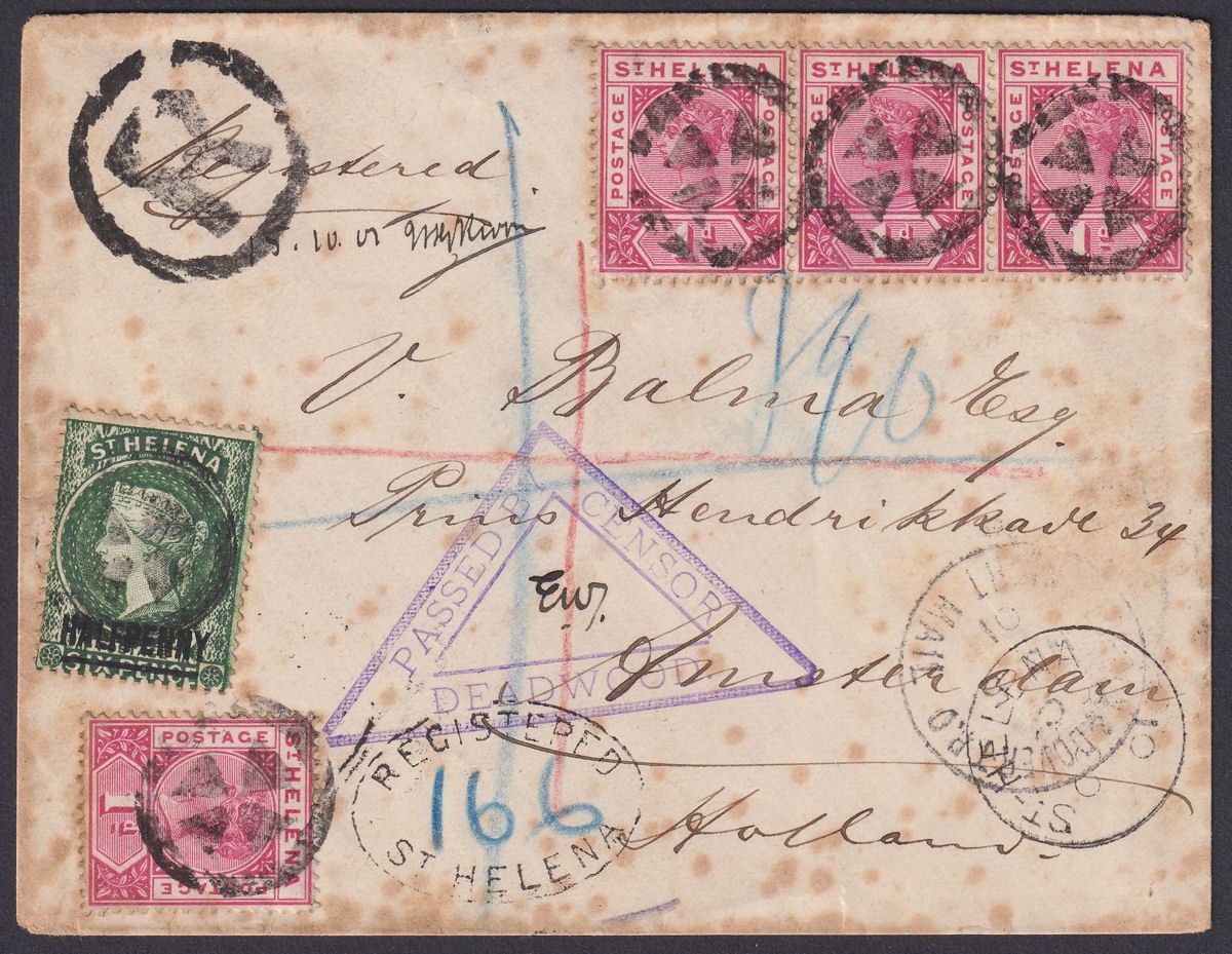 St Helena 1901 QV 1d x4, ½d on Reg Cover to Amsterdam w Deadwood EW Censor Mark