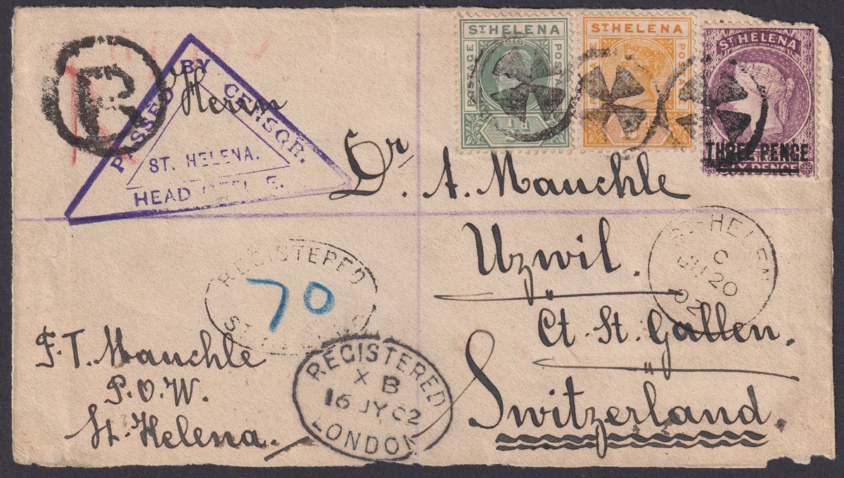 St Helena 1902 QV 3d 2d + ½d Regd Front - Switzerland w Head Office Censor Mark