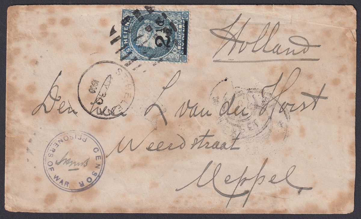 St Helena 1900 QV 2½d Surch Cover Holland w JHMS Prisoner of War Censor Mark