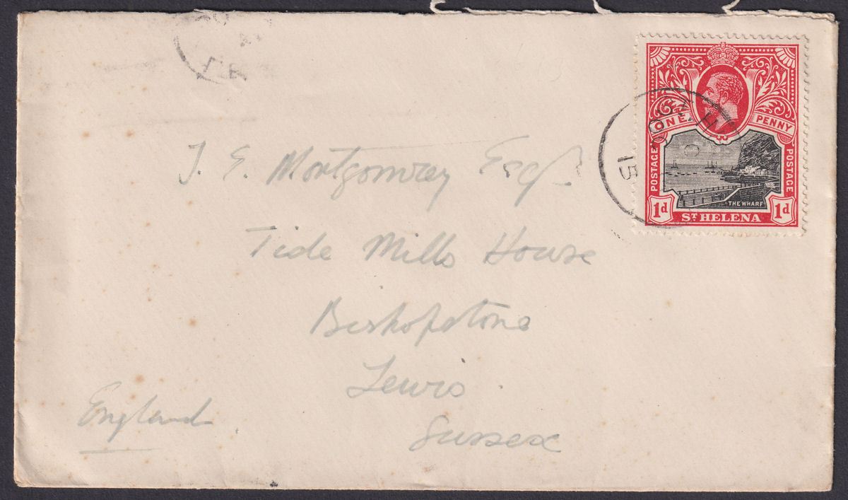 St Helena 1915 KGV 1d Used on Cover to Lewes, England