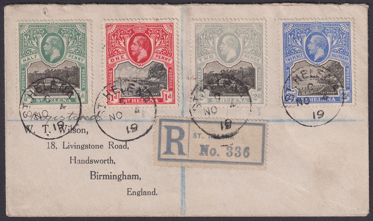 St Helena 1919 KGV Part Set to 2½d Used Registered Cover to Birmingham, England