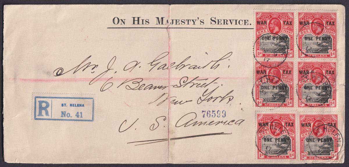 St Helena 1917 KGV War Tax 1d+1d x 6 Used OHMS Registered Cover to New York, USA