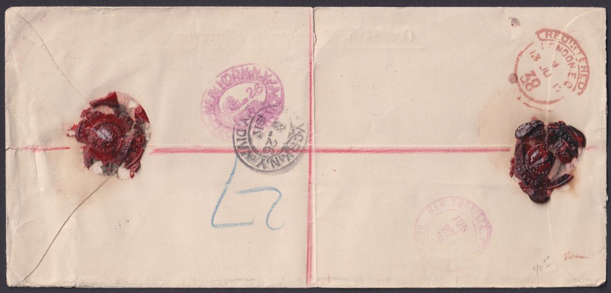 St Helena 1917 KGV War Tax 1d+1d x 6 Used OHMS Registered Cover to New York, USA