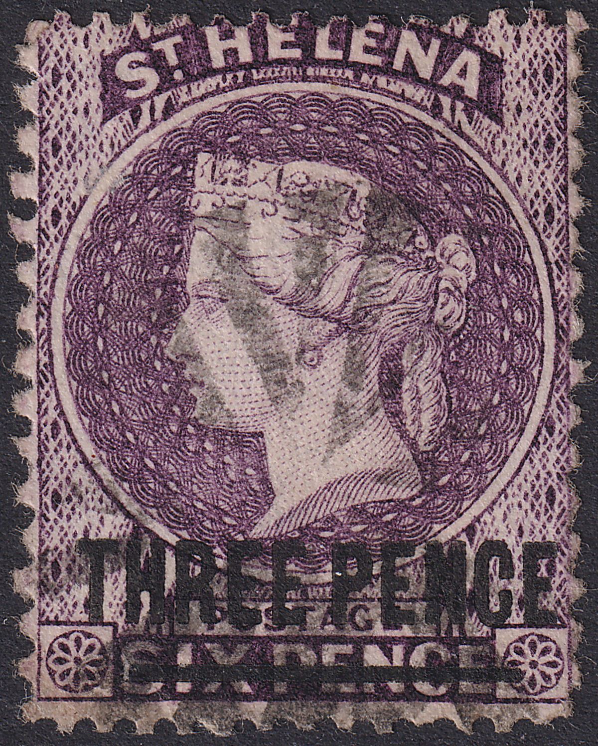 St Helena 1876 QV 3d Purple perf 14x12½ Used SG23 cat £80