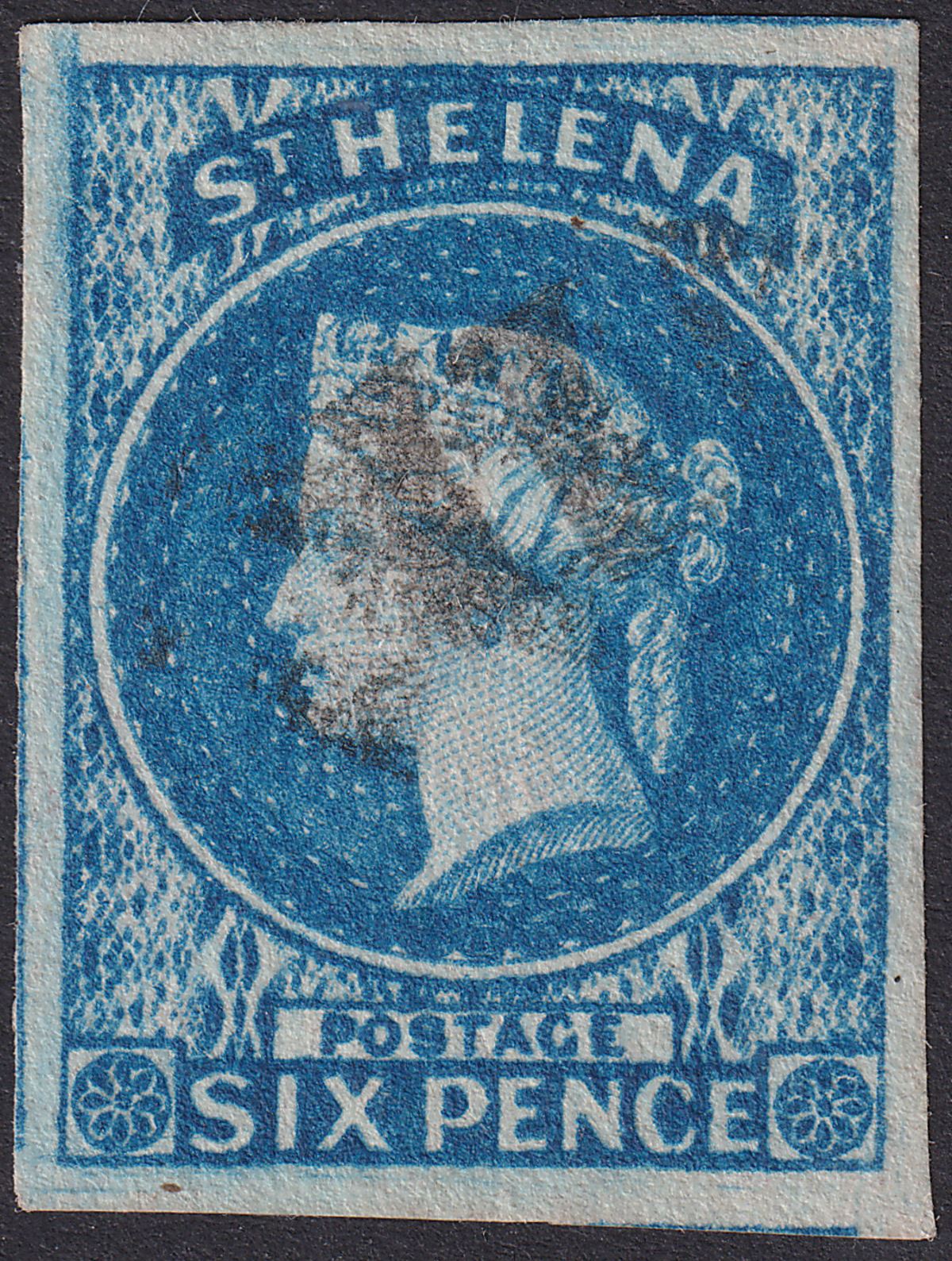 St Helena 1856 QV 6d Blue Imperforate Used SG1 cat £225 with four good margins