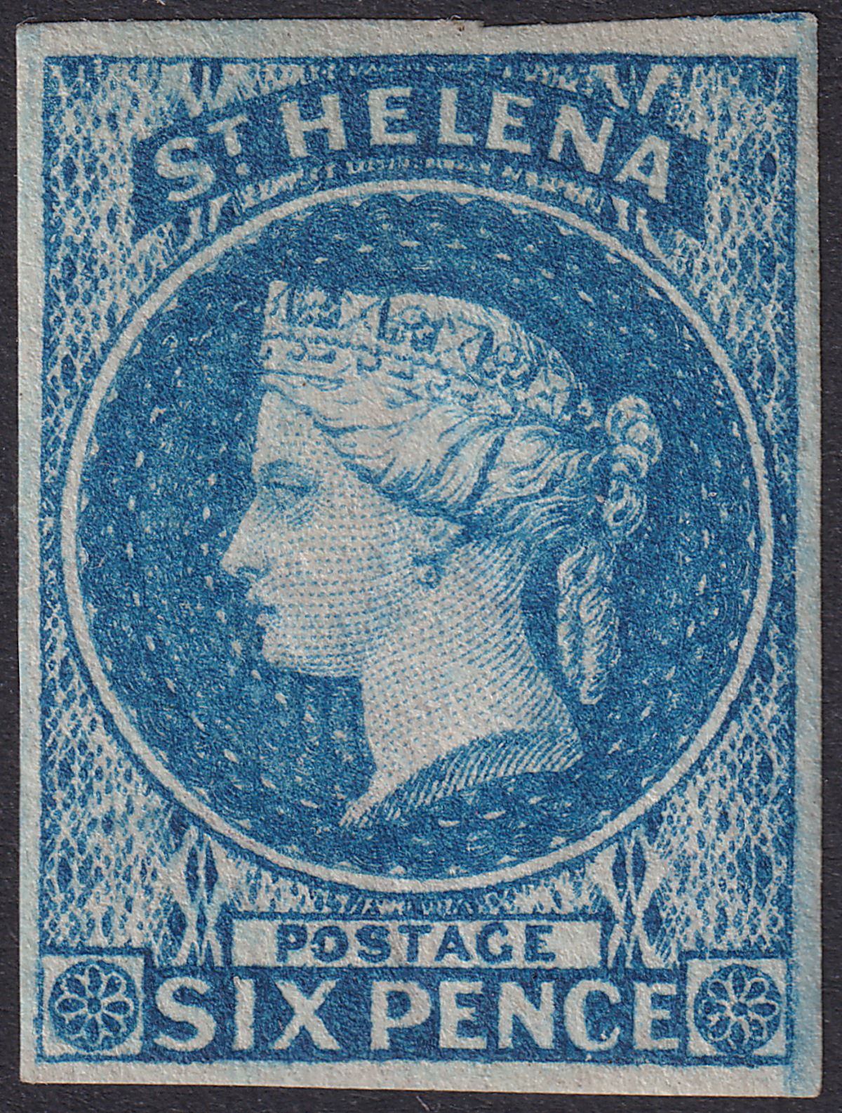 St Helena 1856 QV 6d Blue Imperforate Mint SG1 cat £650 with four good margins
