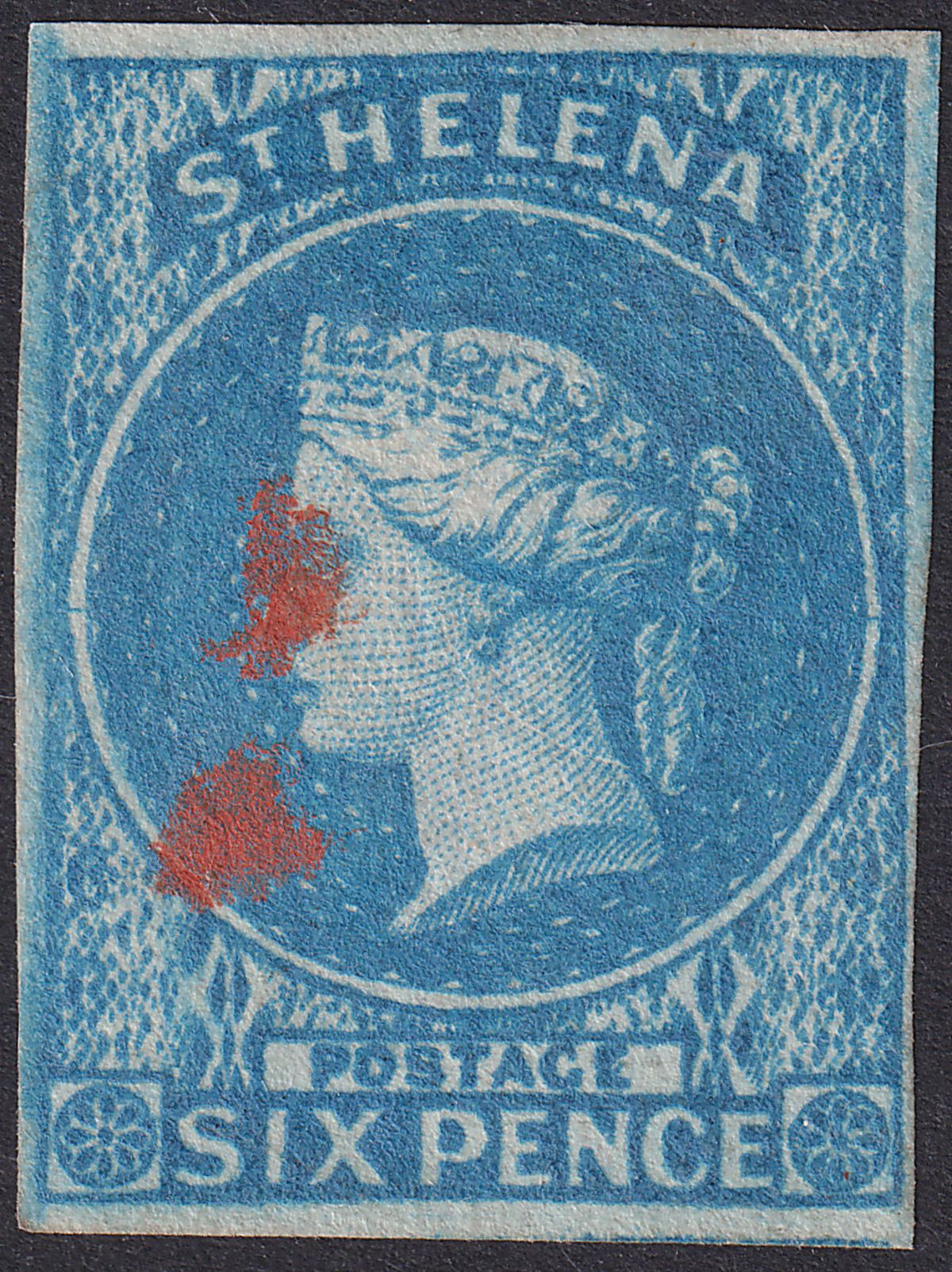 St Helena 1856 QV 6d Bright Blue Imperforate Used SG1 c£225 w Red Pmk + 4 margin