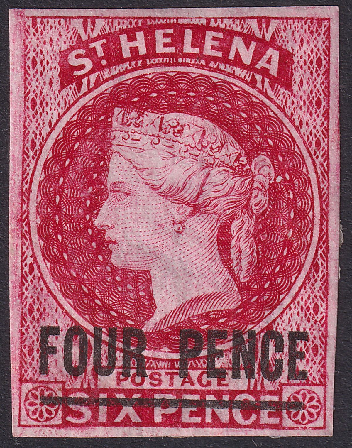 St Helena 1863 QV 4d Carmine Imperf Mint SG5 cat £500 with four good margins