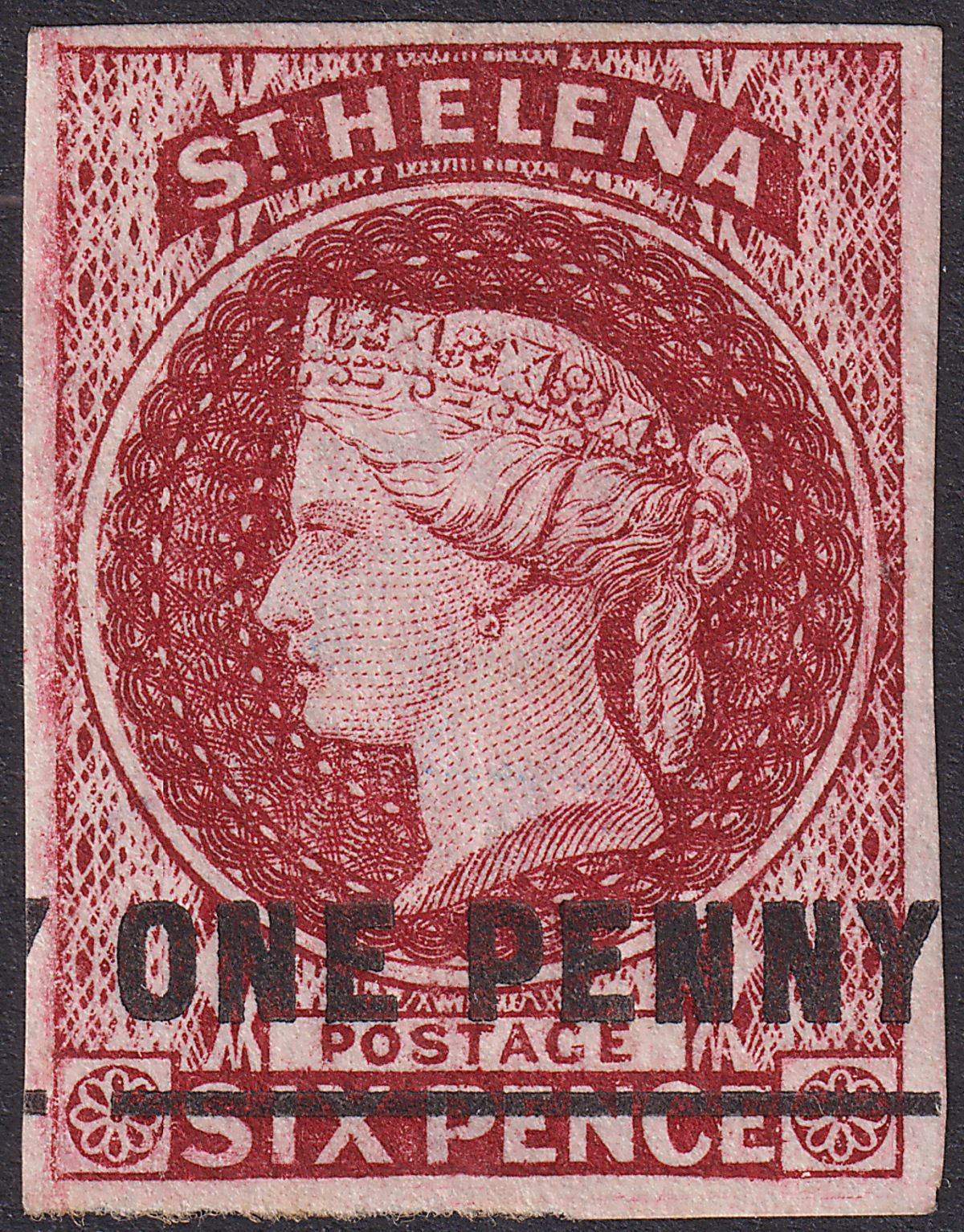St Helena 1863 QV 1d Lake Type B Imperf Mint SG4 cat £160 with four margins