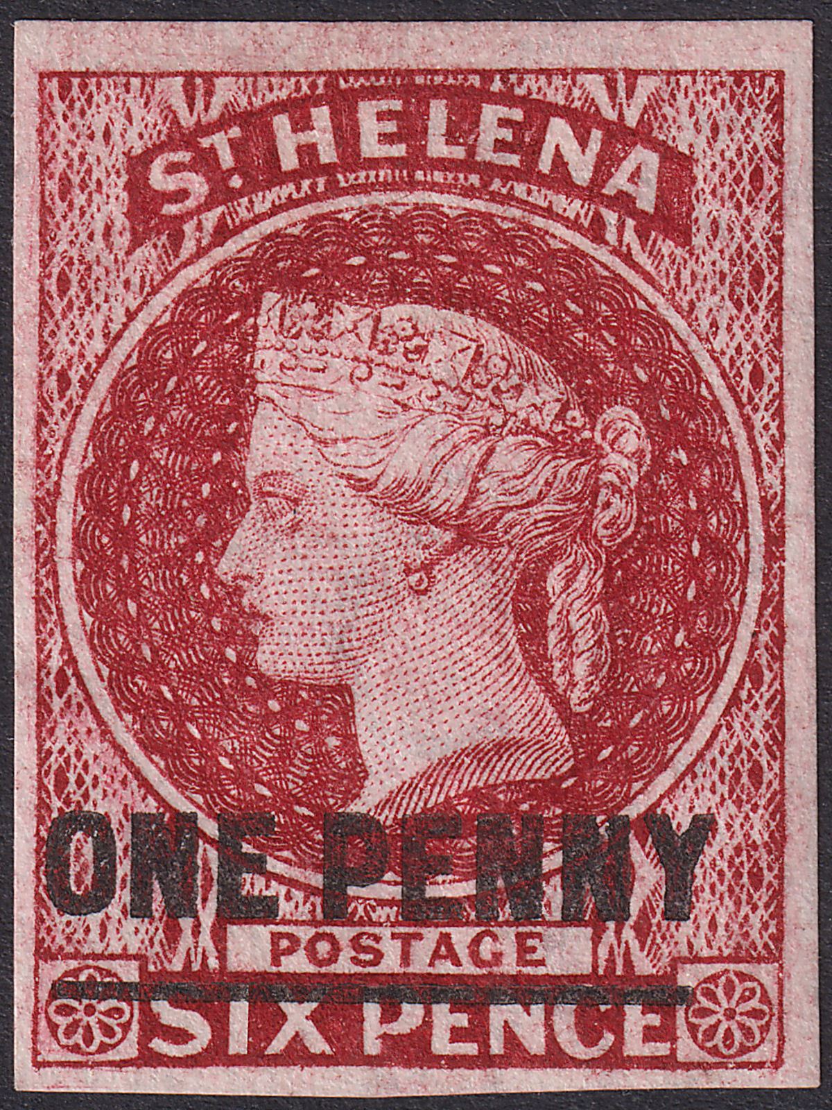 St Helena 1863 QV 1d Lake Type A Imperf Mint SG3 cat £150 with four good margins