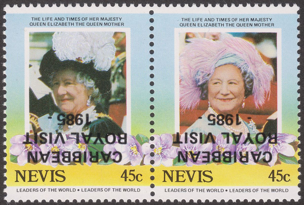 Nevis 1985 QEII Royal Visit 45c Overprint Inverted Pair Mint SG342a var