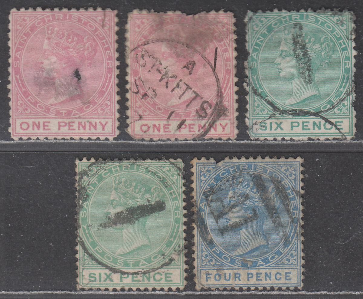 St Christopher 1870-82 Queen Victoria Selection to 6d Used -some heavily damaged