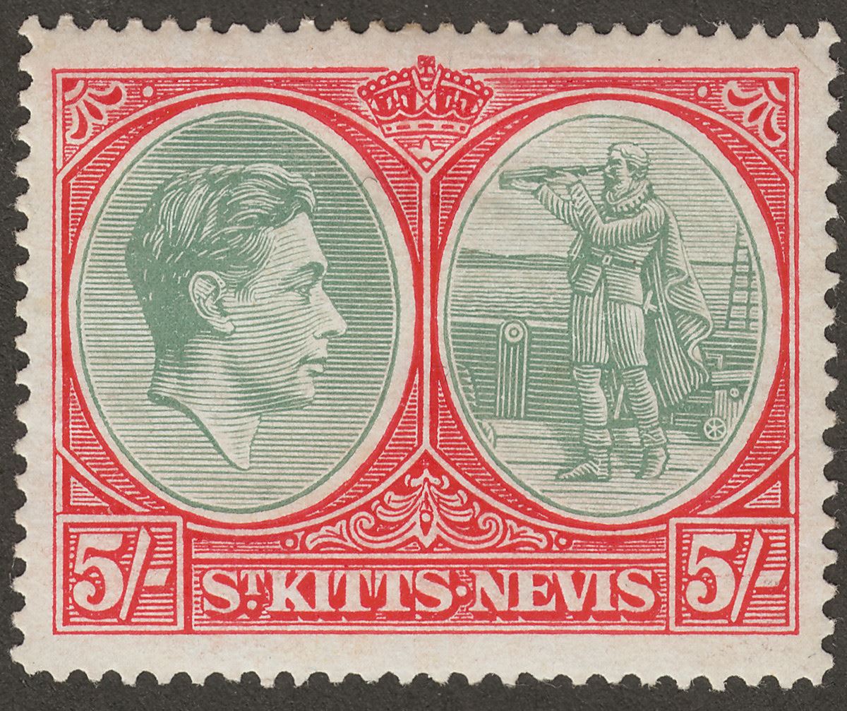 St Kitts-Nevis 1941 KGVI 5sh Grey-Green and Scarlet p14 Chalky Mint SG77a
