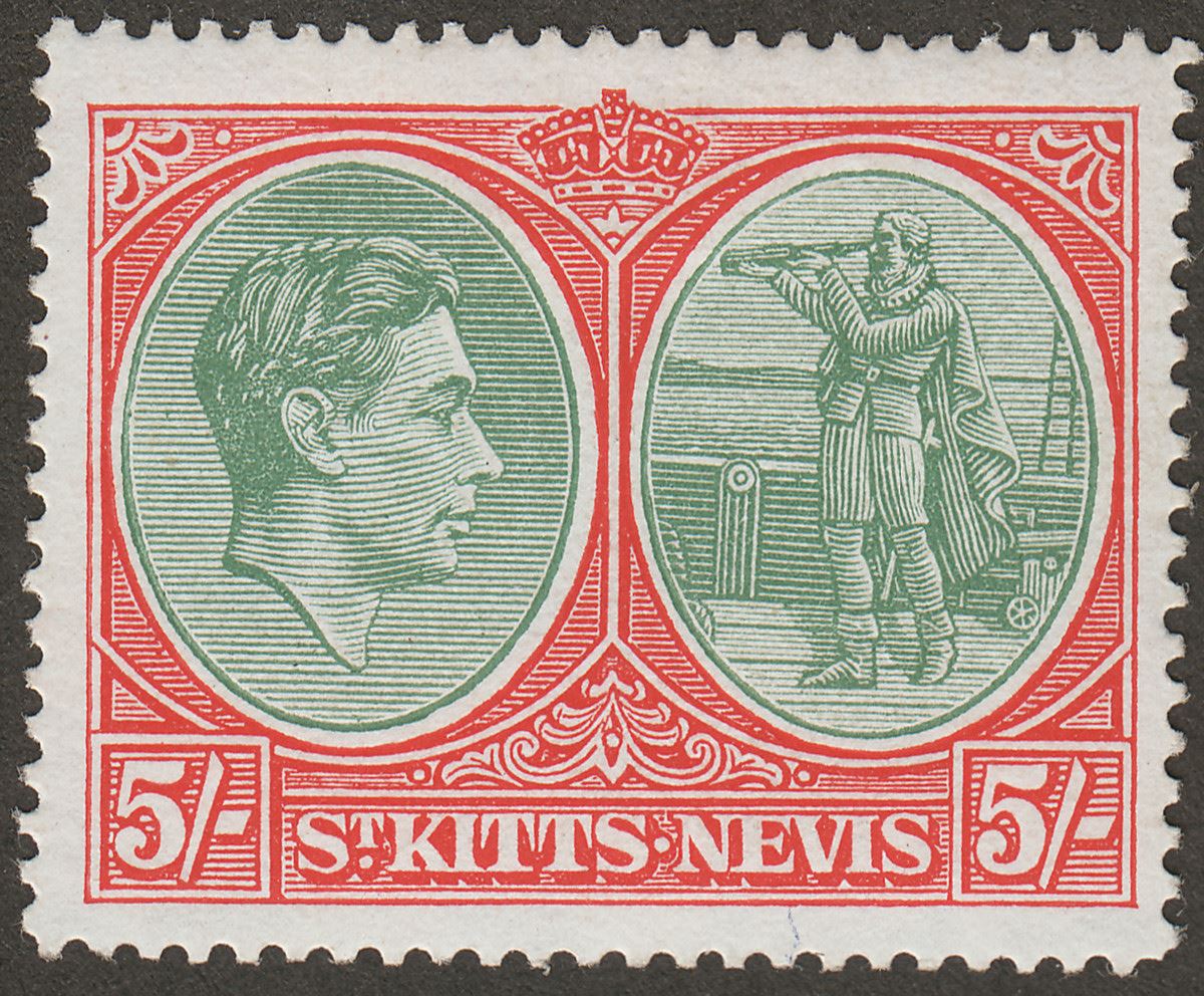 St Kitts-Nevis 1950 KGVI 5sh Green and Scarlet-Vermilion p14 Chalky Mint SG77c